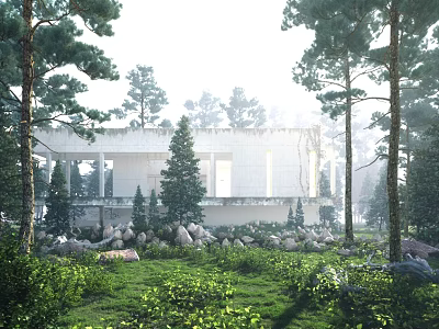 Serene Misty Pine Forest Landscape With Modern White Building Amid Lush Green Grass And Stones 3d model