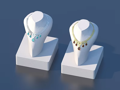 Two White Display Stands With Mannequin Necks Wearing Blue And Red Gemstone Necklaces 3d model