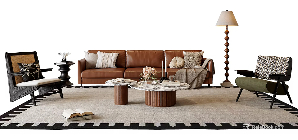 Contemporary Sofa And Coffee Table Set With Brown Leather Marble Top Pillows And Floor Lamp 3d model 
