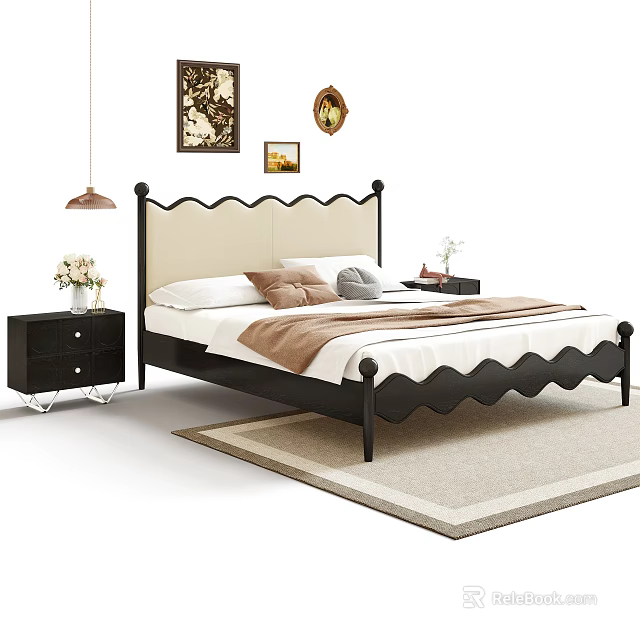 Stylish Double Bed with Scalloped Headboard Black Frame Beige Upholstery Pillows Nightstands Wall Art Rug 3d model 