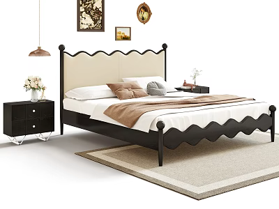 Stylish Double Bed with Scalloped Headboard Black Frame Beige Upholstery Pillows Nightstands Wall Art Rug 3d model