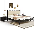 Stylish Double Bed with Scalloped Headboard Black Frame Beige Upholstery Pillows Nightstands Wall Art Rug