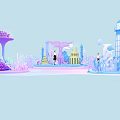 Colorful Cartoon Style Fantasy Island Scene With Various Structures And Figures