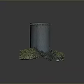 Round Stone Tower Model with Green Vegetation and Natural Terrain