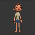 Cartoon Boy Character With Brown Hair Plaid Shirt Blue Shorts Standing Barefoot On Black Background