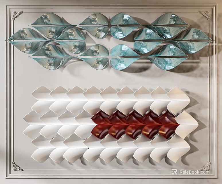 Modern Wall Decor With Wavy Glass Elements And Contrasting White Red Patterns 3d model