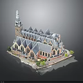 Traditional Architectural Model With Spire Tower Multiple Gabled Roofs Arched Windows And Green Plants