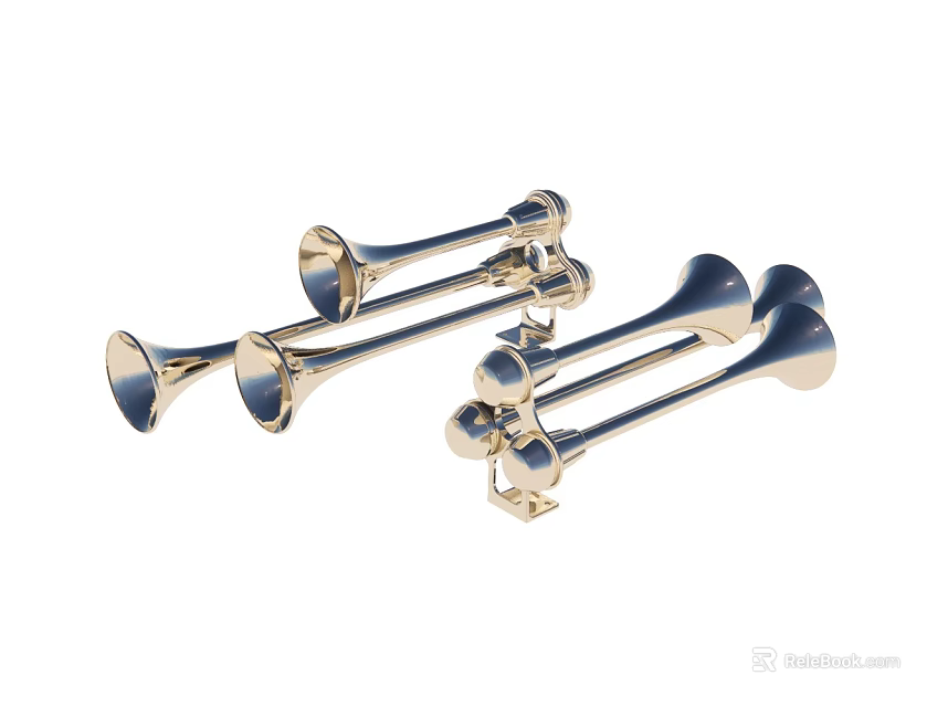 Shiny Metal Horns With Multiple Bells And Gold Blue Metallic Finish 3d model 