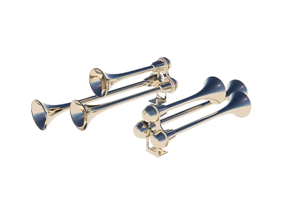 Shiny Metal Horns With Multiple Bells And Gold Blue Metallic Finish 3d model