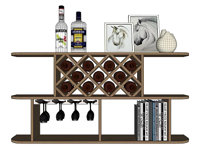 Wooden Wine Cabinet With Wine Bottles Rack Glasses Books And Decorative Paintings 3d model