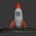Space Rocket Model with Red Tip Silver Body on Circular Launch Pad and Warning Stripe