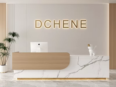 Modern Reception Desk With Marble Countertop Wooden Design Computer Potted Plant And Wall Sign DCHENE 3d model