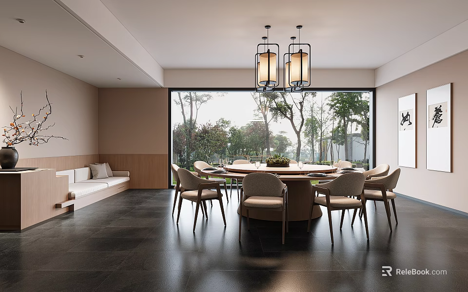 Private Dining Room With Round Table Chairs And Scenic View 3d model