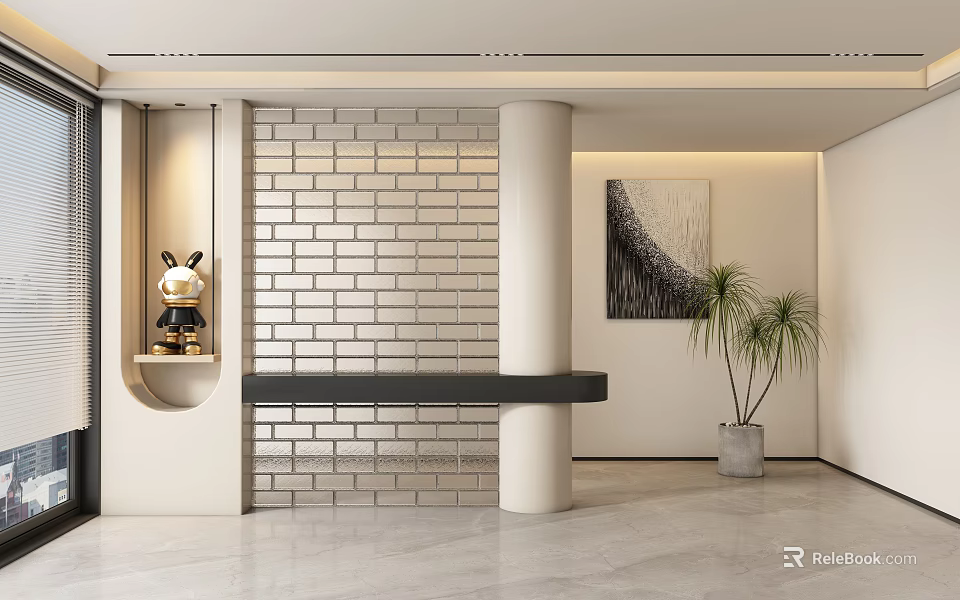 Modern Foyer Hallway Design With Brick Wall Art Sculpture And Potted Plant 3d model 