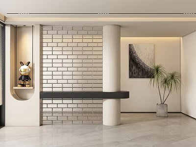 Modern Foyer Hallway Design With Brick Wall Art Sculpture And Potted Plant 3d model