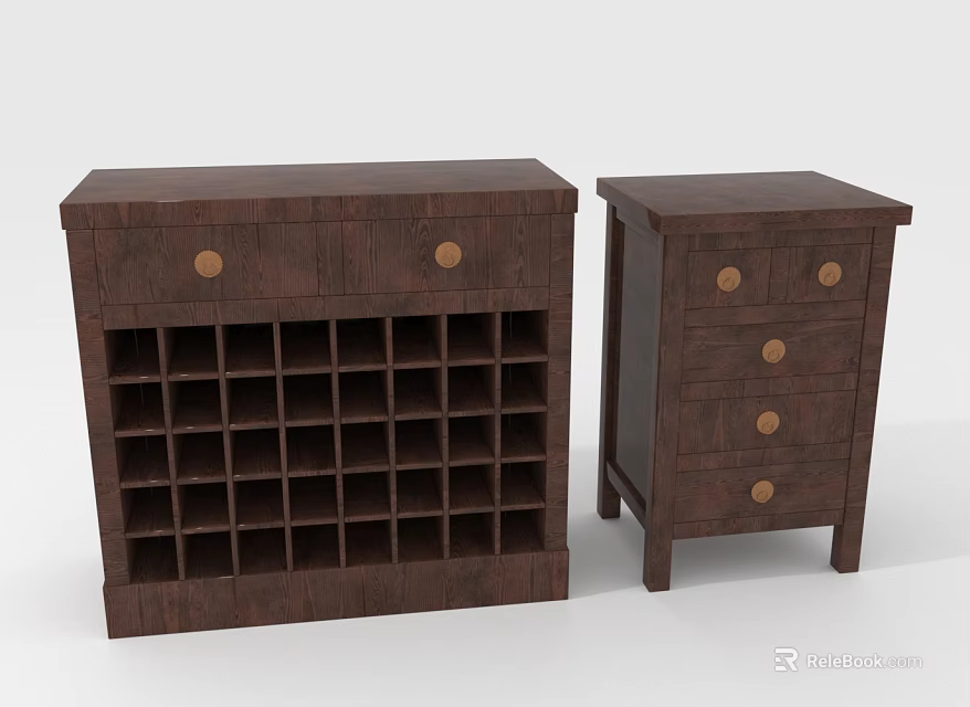 Dark Brown Wooden Furniture Set With Wine Rack Cabinet And Drawer Chest Featuring Round Knobs 3d model 