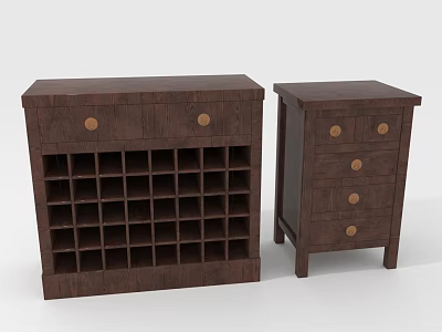 Dark Brown Wooden Furniture Set With Wine Rack Cabinet And Drawer Chest Featuring Round Knobs 3d model
