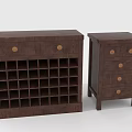 Dark Brown Wooden Furniture Set With Wine Rack Cabinet And Drawer Chest Featuring Round Knobs