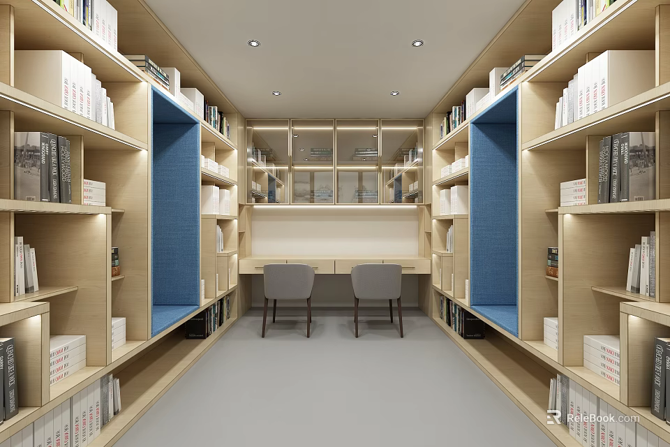Modern Study Room Interior With Wooden Bookshelves Blue Panels And Double Desks 3d model 