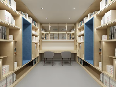 Modern Study Room Interior With Wooden Bookshelves Blue Panels And Double Desks 3d model