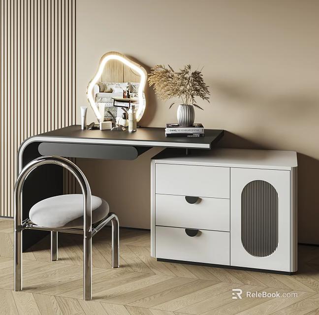 Modern Dressing Table Interior With Lit Mirror Dried Flowers Chair And Drawer Cabinet 3d model 