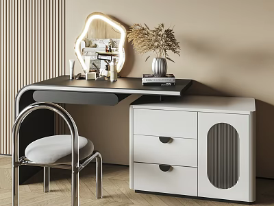 Modern Dressing Table Interior With Lit Mirror Dried Flowers Chair And Drawer Cabinet 3d model