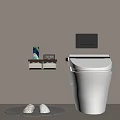 Modern White Toilet With Wall Mounted Wooden Shelf Toiletries Round Mat And Slippers