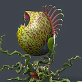 Venus Flytrap With Large Mouth Sharp Teeth Green Red Patterns Long Vines In Brown Pot