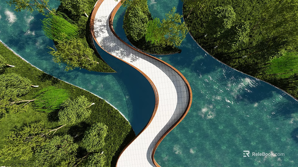 Curved White Bridge In Natural Landscape With Water And Trees 3d model 