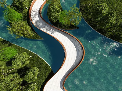 Curved White Bridge In Natural Landscape With Water And Trees 3d model