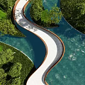 Curved White Bridge In Natural Landscape With Water And Trees