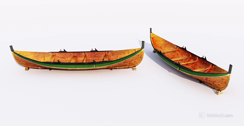 Two Traditional Wooden Boats With Orange And Green Hulls On White 3d model 
