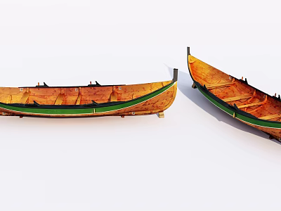 Two Traditional Wooden Boats With Orange And Green Hulls On White 3d model