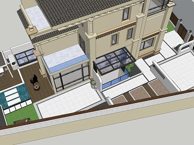 Modern Courtyard Garden Design With Stone Pavement Green Plants And House Exterior 3d model