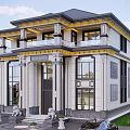 Elegant Detached Two Story Villa Featuring Large Windows Stone Lions And Balcony