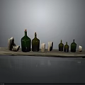 Various Sizes Green Glass Decorative Bottles With Wooden Blocks On Wooden Tray Home Decor