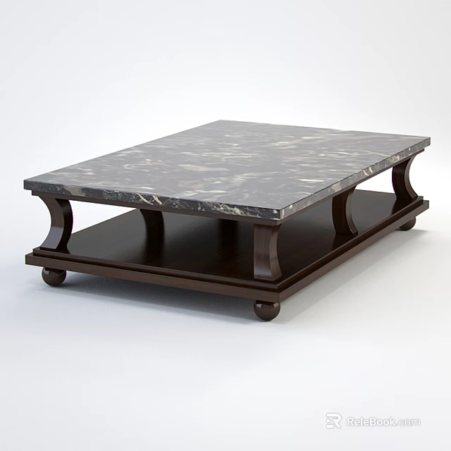 Elegant Coffee Table With Dark Marble Top And Solid Wood Curved Legs Design 3d model