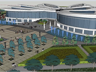 Modern Circular Architectural Building Exterior With Plaza Trees Fountains And Pedestrians 3d model