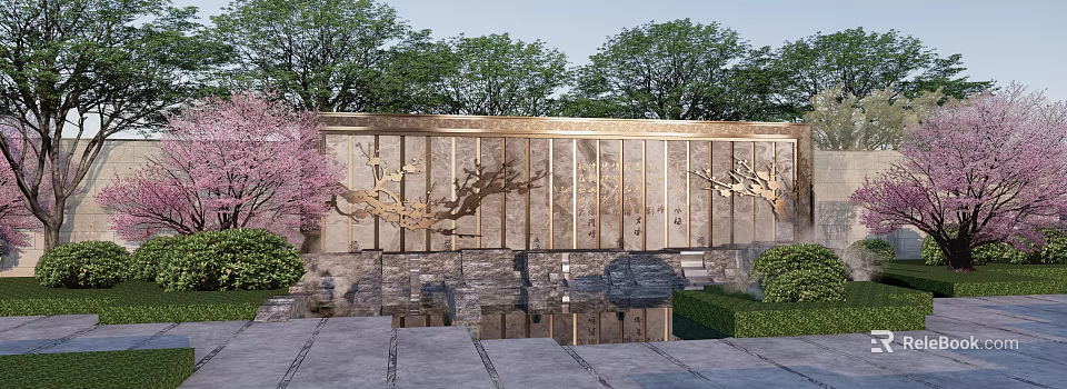 Traditional Landscape Wall With Golden Dragon Carvings Stone Background And Cherry Blossom Tree 3d model 