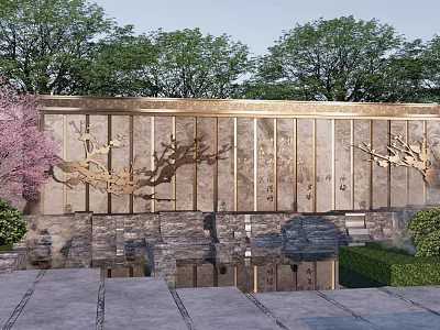 Traditional Landscape Wall With Golden Dragon Carvings Stone Background And Cherry Blossom Tree 3d model