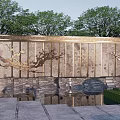 Traditional Landscape Wall With Golden Dragon Carvings Stone Background And Cherry Blossom Tree