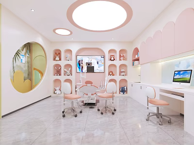 Modern Beauty Hair Salon Interior With Pink Decor Round Lights And Styling Chairs 3d model