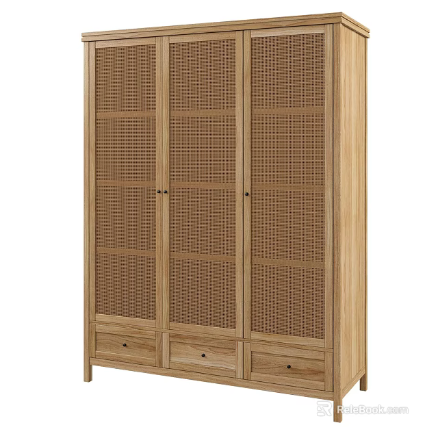 Tall Natural Wooden Cabinet With Mesh Doors And Bottom Storage Drawers 3d model 