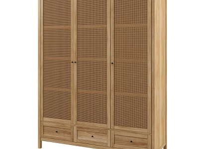 Tall Natural Wooden Cabinet With Mesh Doors And Bottom Storage Drawers 3d model