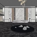 Elegant Modern Hotel Lobby With Marble Walls Crystal Chandelier And Central Fountain