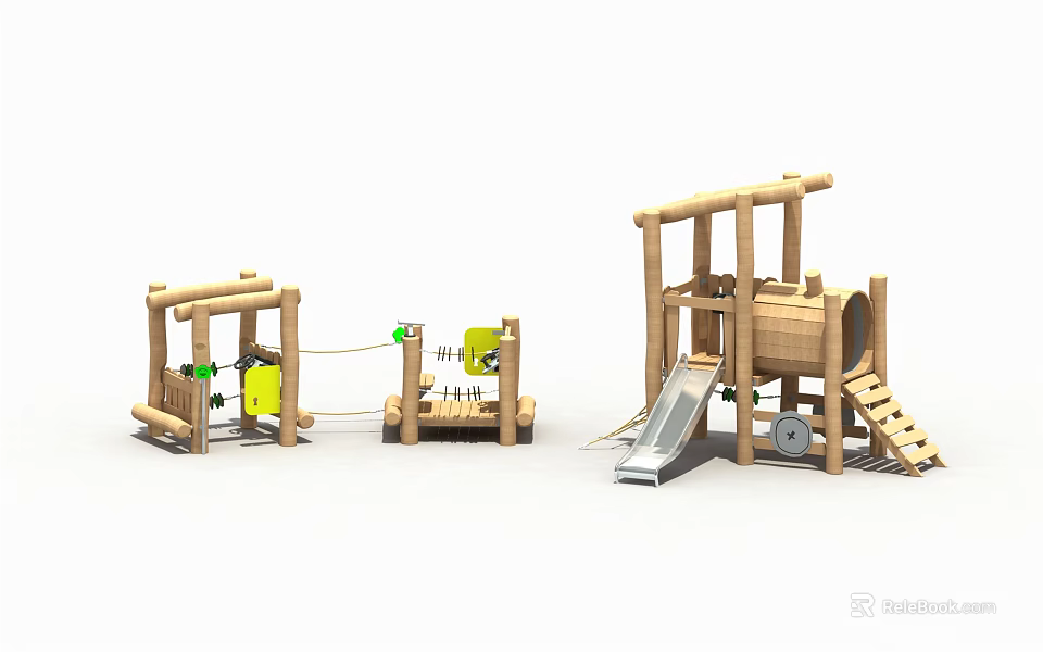 Wooden Playground Equipment With Slide Climbing Frames And Swing Components 3d model