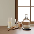 Elegant Brown Ceramic Cup With Candle Holder And Wine Glasses On Wooden Table Near Window