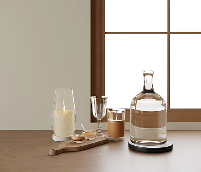 Elegant Brown Ceramic Cup With Candle Holder And Wine Glasses On Wooden Table Near Window 3d model