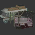 Camper Van With Wooden Roof Platform Shaded Umbrella And Outdoor Sofa Setup