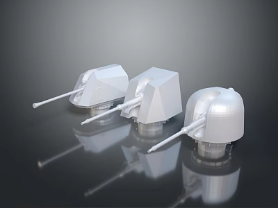 Detailed White Military Turret Weapon Models With Barrels On Reflective Black Surface 3d model